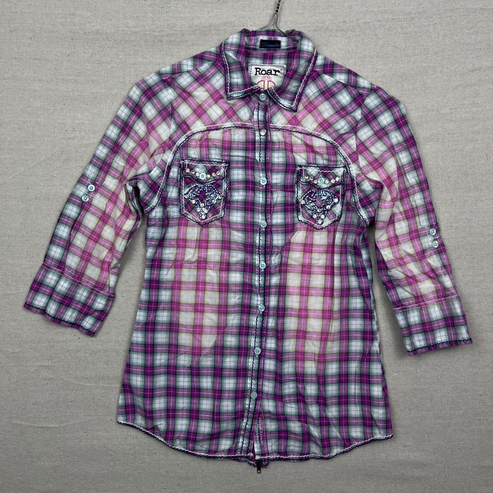ROAR Women's Plaid Rhinestone Cross Embellished Button Up Shirt‎ Top